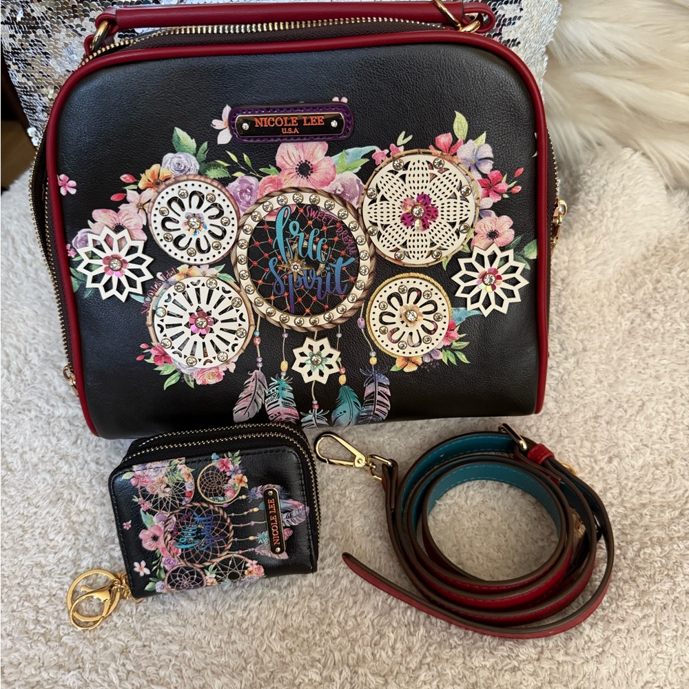 Nicole Lee Black and Red Crossbody Bag with Distinctive Design
and wallet